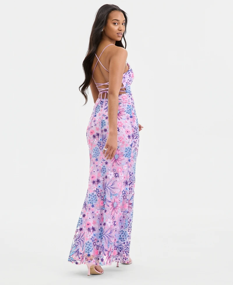 City Studios Juniors' Floral-Sequinned Evening Gown, Created for Macy's