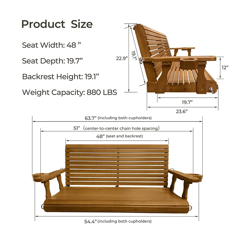 Mega Casa 2-Seater 4.5 Ft Large Wooden Porch Swing for Outdoor Patio Garden