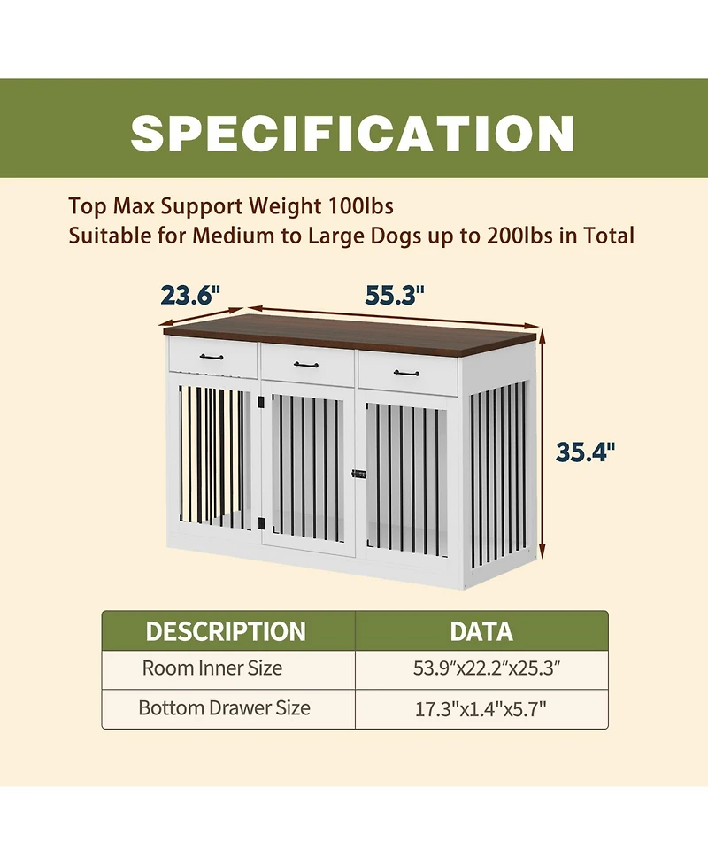Homsee Dog Cage Storage Cabinet, Dog House Furniture Style Dog Crate with 3 Drawers