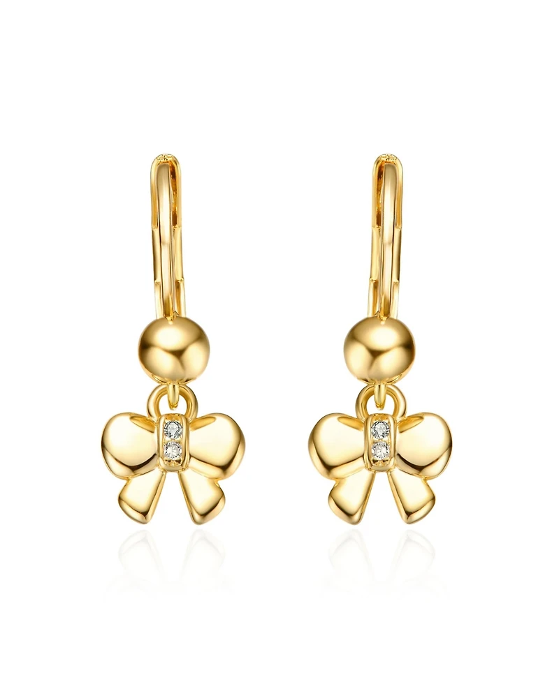 14k Yellow Gold Plated Bow Dangling earrings with Red Cubic Zirconia For Kids