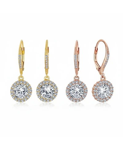 Bling Jewelry Set of 2 3Ct Cubic Zirconia Round Solitaire Cz Halo Dangle Drop Lever back Earrings .925 Sterling Silver