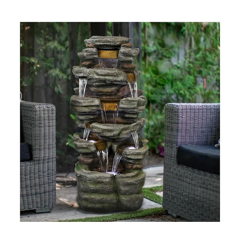 SunJet 47.2" 6-Tier Cascading Rock Outdoor Water Fountain with Led Lights