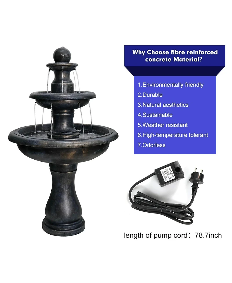 SunJet 45.2" High 3-Tiers Modern Concrete Outdoor Water Fountain