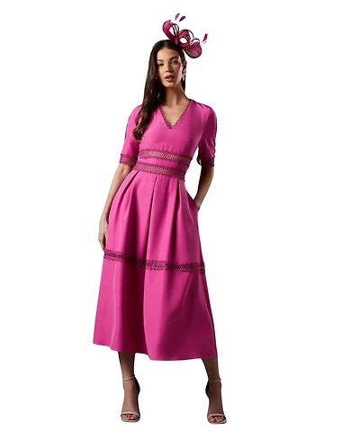 Coast Women's Crochet Insert Crepe V Neck Midi Dress