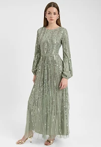Maryisa Women's Modest Embellished Sequin Beaded Dress Maxi With Flowey A Line Bottom