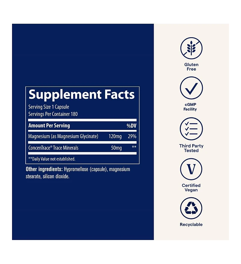Trace Minerals Magnesium Glycinate Capsules | 120 mg Supports Normal Sleep, Calm Mood, and Maintains Normal Muscle, Liver, Bone & Nerve Function | 180