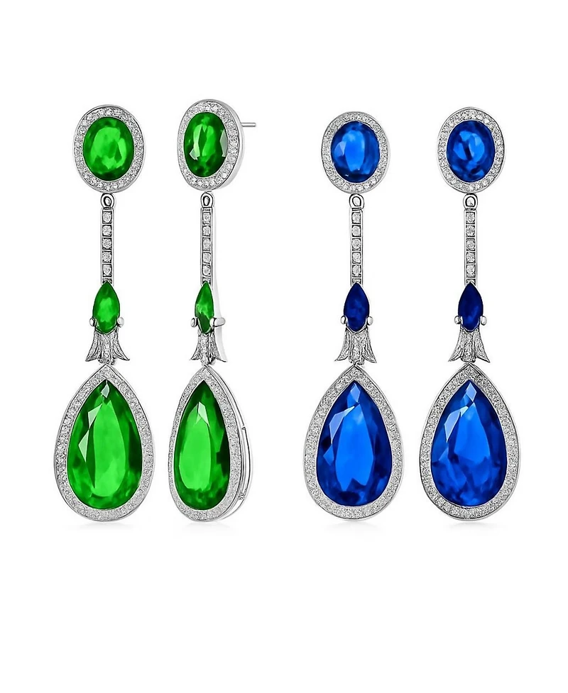 Bling Jewelry Set of 2 Art Deco Cubic Zirconia Halo Long Pear Solitaire Teardrop Blue & Green Cz Statement Dangle Chandelier Earrings