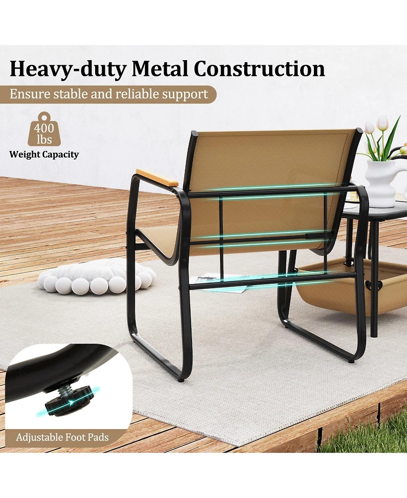 Gymax 3-Piece Bistro Set Patio Chairs & Side Table w/ Storage Basket Breathable Mesh Fabric