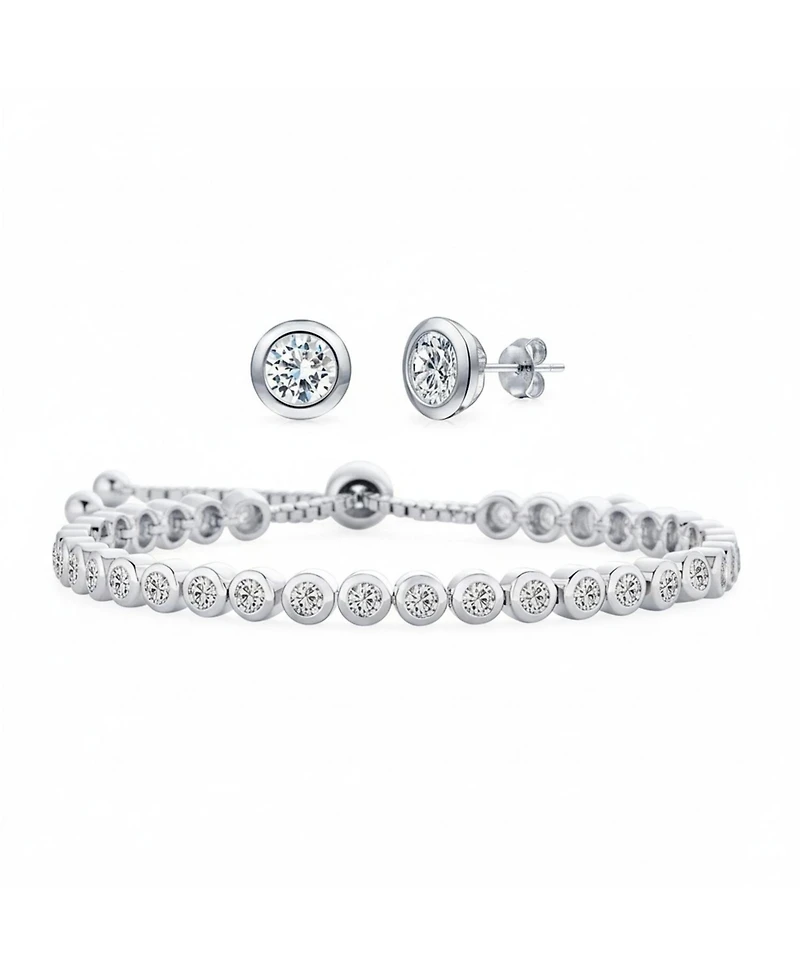 Bling Jewelry Adjustable Round Bezel Cubic Zirconia Tennis Bolo Bracelet & 7mm Solitaire Cz Stud Earrings Jewelry Set