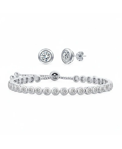 Bling Jewelry Adjustable Round Bezel Cubic Zirconia Tennis Bolo Bracelet & 7mm Solitaire Cz Stud Earrings Jewelry Set