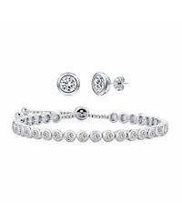Bling Jewelry Adjustable Round Bezel Cubic Zirconia Tennis Bolo Bracelet & 7mm Solitaire Cz Stud Earrings Jewelry Set