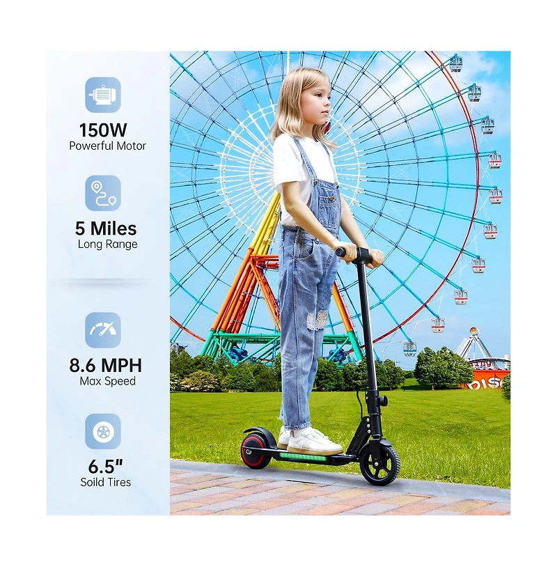 Artudatech 6.5 inch Foldable Kids Electric Scooter for Fun Rides, Up to 5 Miles, 150W Motor & Deck Lights