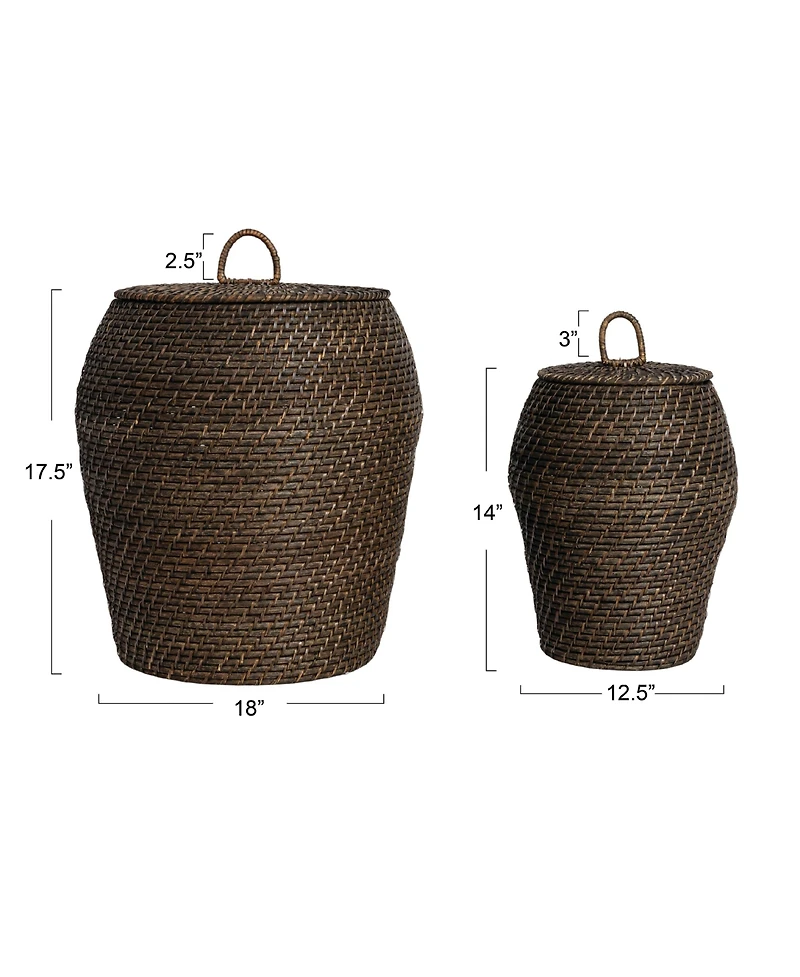 Storied Home Rattan Wicker Storage Basket with Lid, Washed Black Finish, Set of 2