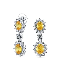 Bling Jewelry Set of 2 Art Deco Style Crown Halo Oval Cz Cubic Zirconia Dangle Drop Earrings