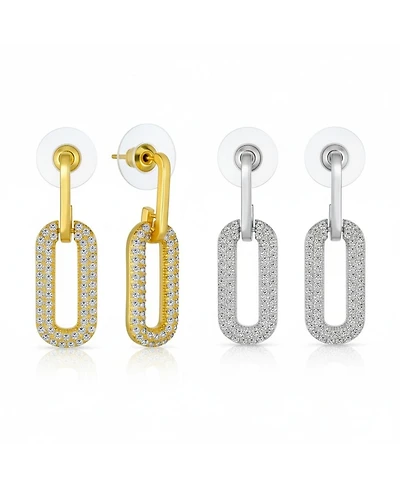 Bling Jewelry Modern Set of 2 Geometric Vertical U Rectangle Micro Pave Cz Dangling Chain Link Paperclip Earrings Gold Plated