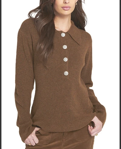 Elle Collection Women's Fuzzy Knit Jumper Henley Sweater