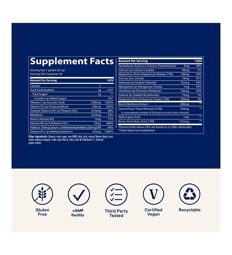 Trace Minerals Power Pak Electrolyte + Immunity Boost Drink Packets | 1200 mg Vitamin C, Elderberry, Zinc, D3, B6, B12 | Immunity, Hydration, & Energy