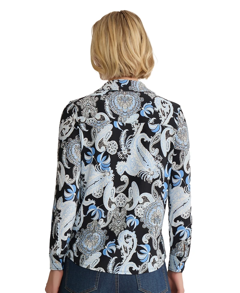 Jones New York Petite Long-Sleeve Button Front Printed Top