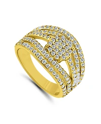 Cubic Zirconia Pave Multi Row Ring with Disc Center Silver Plate
