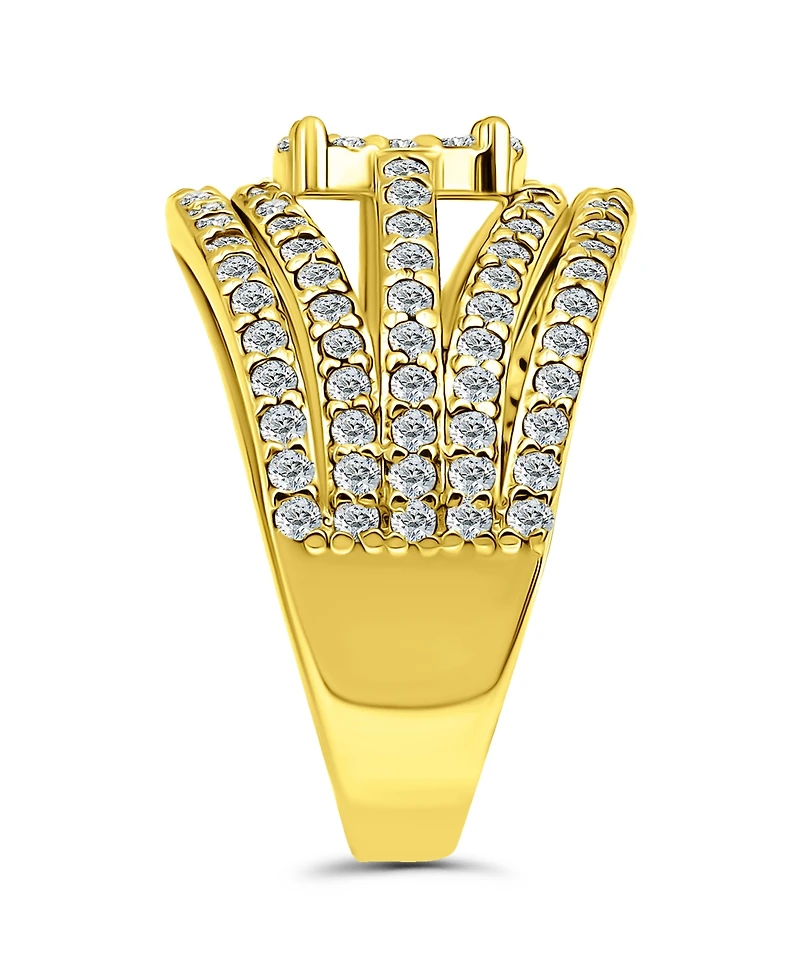 Cubic Zirconia Pave Multi Row Ring with Disc Center Silver Plate