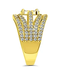 Cubic Zirconia Pave Multi Row Ring with Disc Center Silver Plate