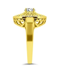 Cubic Zirconia Medallion Ring with Round Prong Center Stone Silver Plate