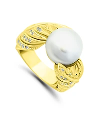 Imitation Pearl and Multi Row Pave Cubic Zirconia Ring Silver Plate