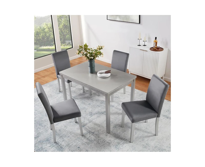 Casainc 5-Piece Silver Grey Crystal Accent Wood Dining Set with Rectangular Table and 4 Upholstered Chairs