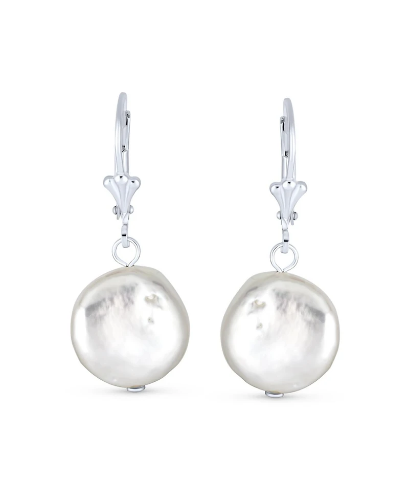 Bling Jewelry Baroque Irregular Round Coin Shaped White Biwa Pearl Dangle Earrings Sterling Silver Lever back