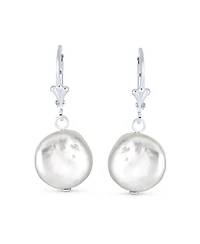 Bling Jewelry Baroque Irregular Round Coin Shaped White Biwa Pearl Dangle Earrings Sterling Silver Lever back