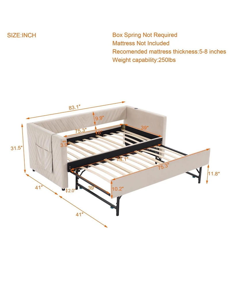 Streamdale Furniture Streamdale Twin Upholstered Daybed with Trundle, Usb, Side Pockets