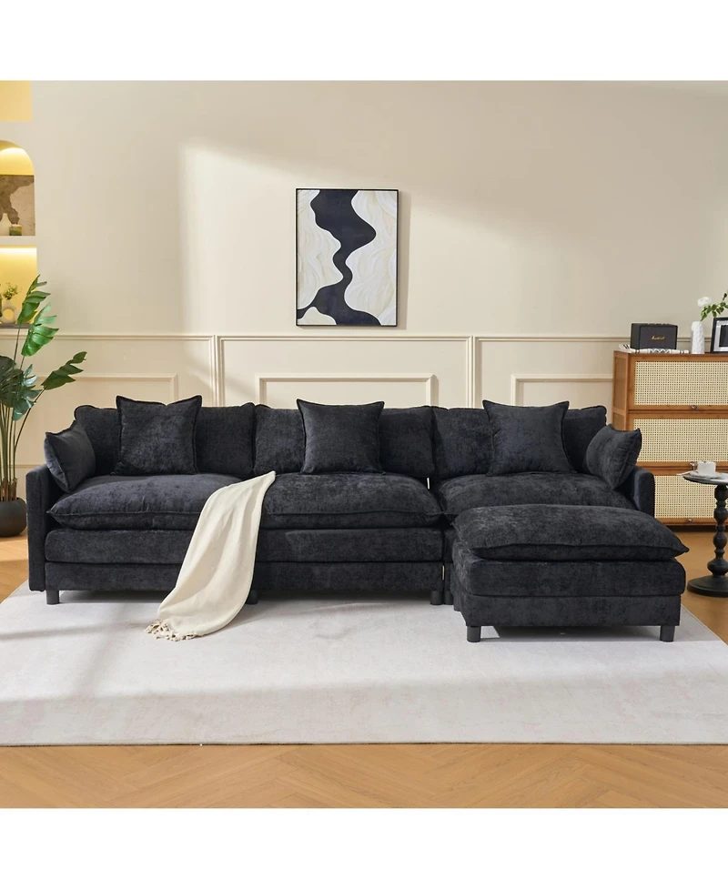 Streamdale Modern L-Shaped Cloud Couch with Ottoman - 4-Seat Chenille Sofa