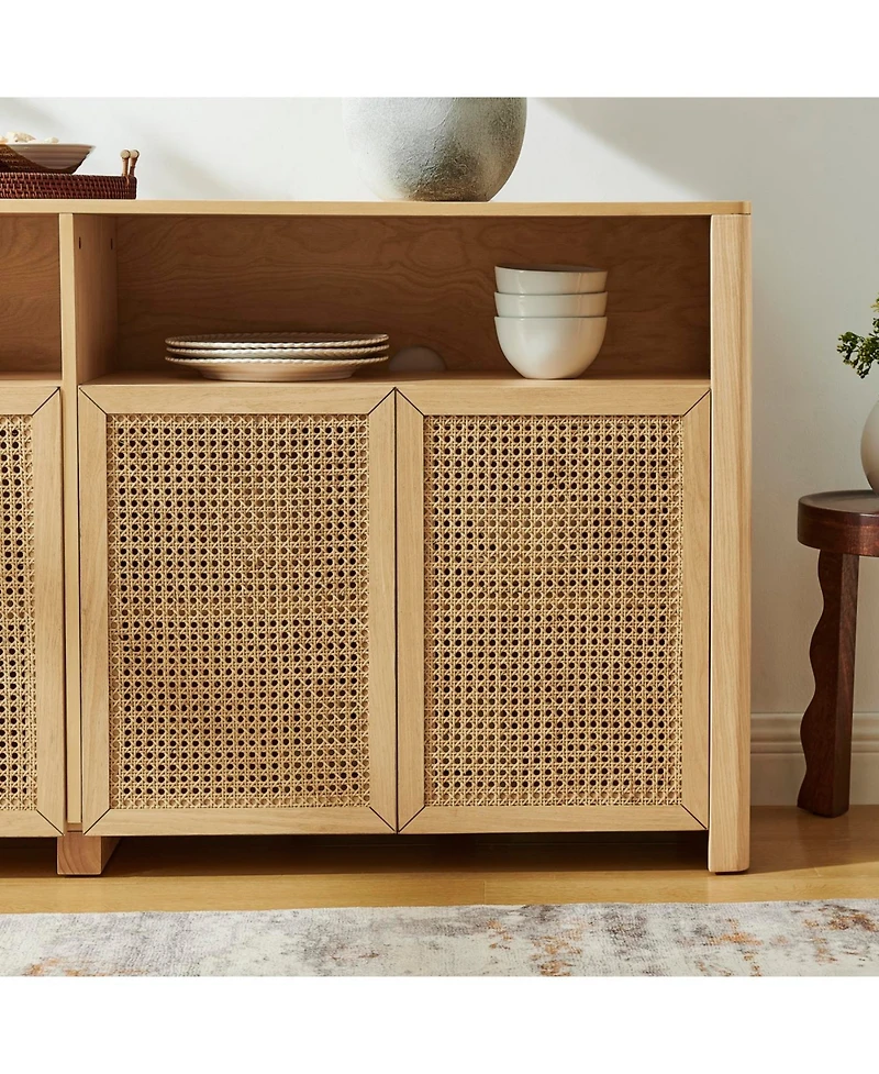 Streamdale 63" Mid Century Modern Rattan Sideboard Buffet Cabinet with Storage, Retro Coffee Bar