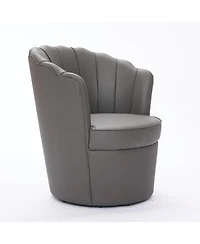 Streamdale Furniture Streamdale Gray Petal Swivel Chair - Genuine Leather Wing-Back Desk Chair, Curved Design