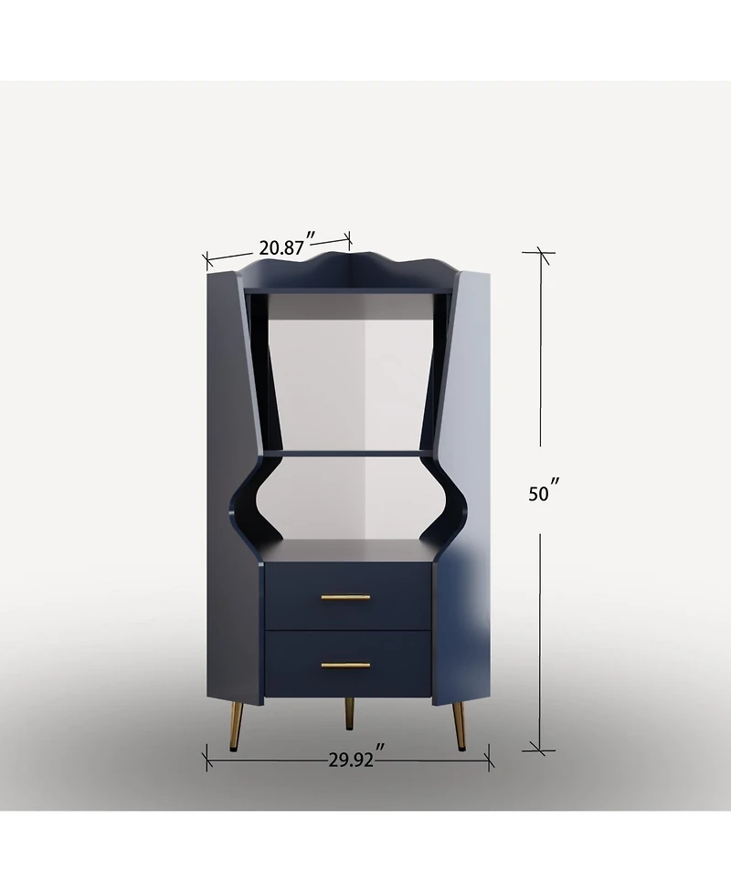 Streamdale Wooden Corner Bar Cabinet with Shelves and Drawers, Mirrored Back, Blue