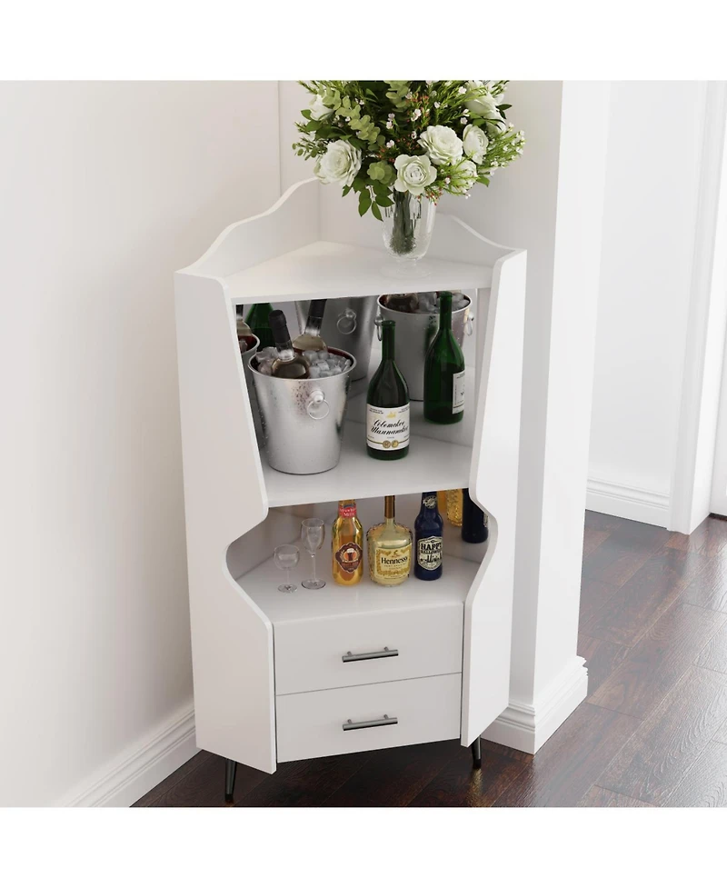 Streamdale Furniture Streamdale Wooden Corner Bar Cabinet with Storage Shelves and Drawers, White