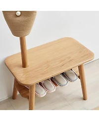 Streamdale Natural Solid Wood Shoe Stool with Cloth Hanger & Storage Bench