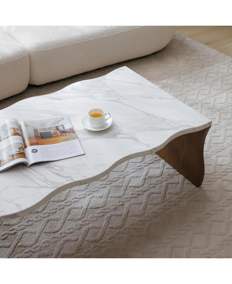 Streamdale Furniture Whisper of Waves Modern Coffee Table, White Faux Marble, Walnut Brown