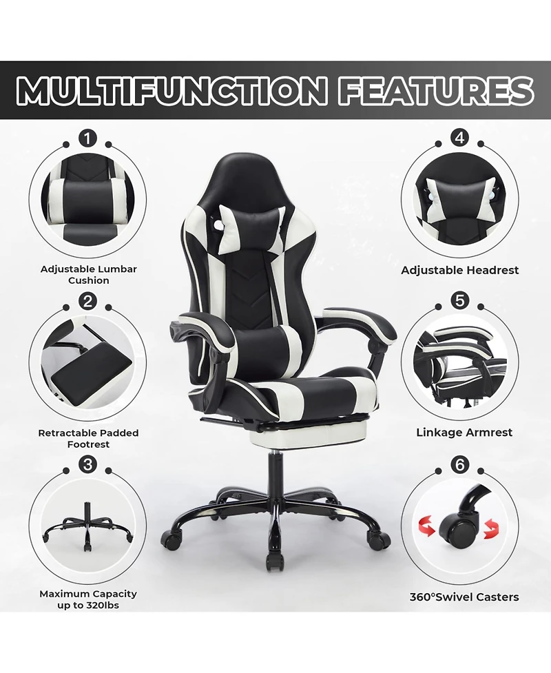 Streamdale Gaming Chair with Footrest, Ergonomic Computer Chair, Black White