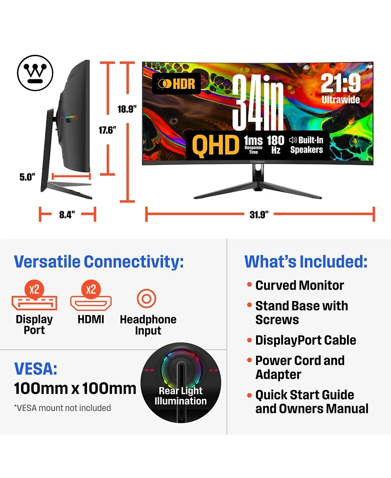 Westinghouse 34" Curved Ultrawide Gaming Monitor, 180Hz, Amd FreeSync, 1500R Curve, 3440x1440, Built-in Speakers, 2xDP, 2xHDMI