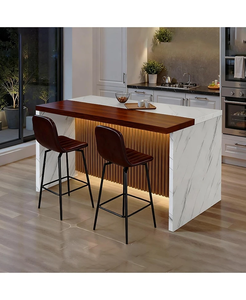 Streamdale Furniture Modern Kitchen Island Set with 2 Bar Stools - White Marble Look, Led Lighting & Grill Design