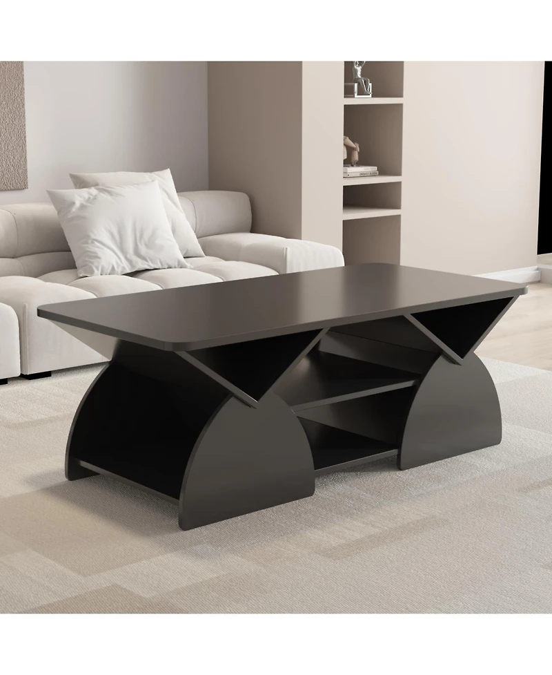 Streamdale Engineered Wood Rounded Corner Rectangular Coffee Table with Open Shelves - Black