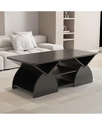 Streamdale Engineered Wood Rounded Corner Rectangular Coffee Table with Open Shelves - Black