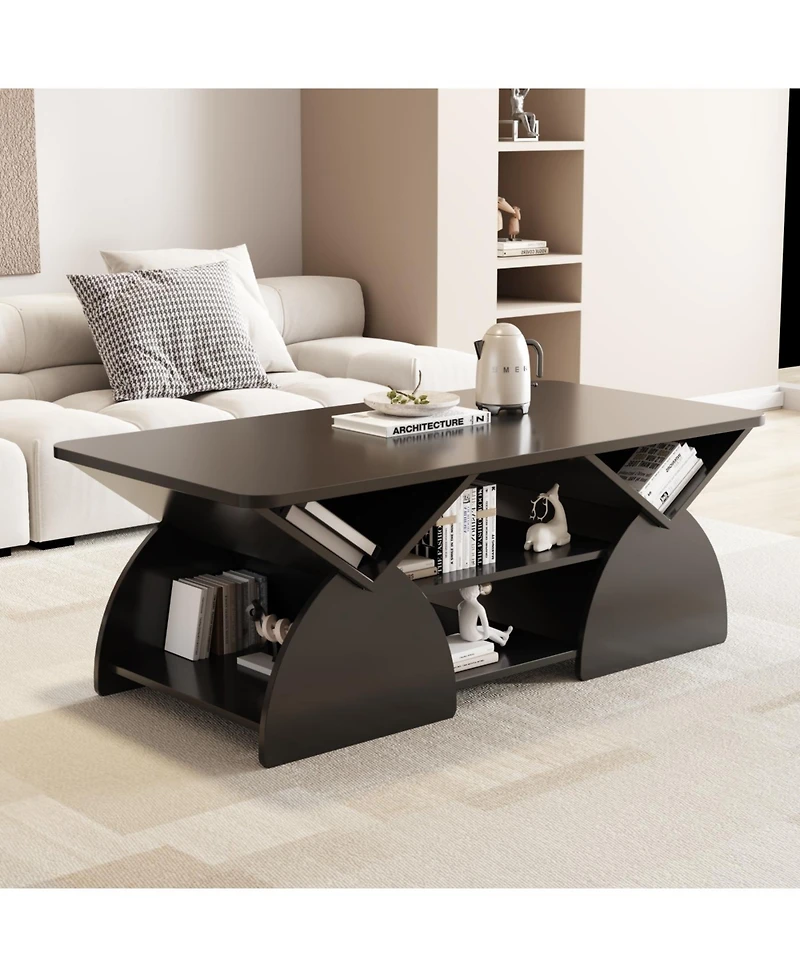 Streamdale Engineered Wood Rounded Corner Rectangular Coffee Table with Open Shelves - Black