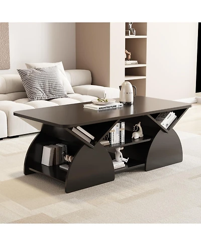 Streamdale Engineered Wood Rounded Corner Rectangular Coffee Table with Open Shelves - Black