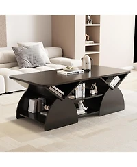 Streamdale Engineered Wood Rounded Corner Rectangular Coffee Table with Open Shelves - Black