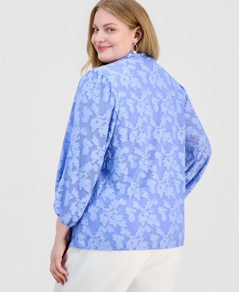 Kasper Plus Burnout Floral V-Neck Blouse