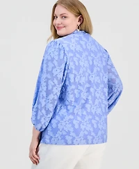 Kasper Plus Burnout Floral V-Neck Blouse