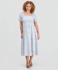 Celebrity Pink Juniors' Textured Floral Printed Puff-Sleeve Midi Dress