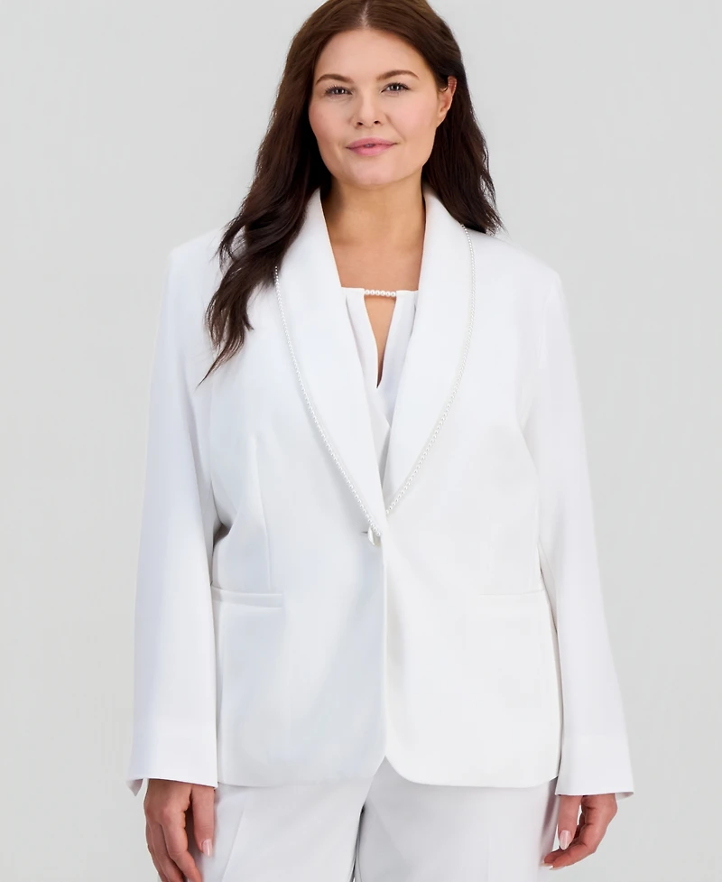 Kasper Plus Pearl-Trim Shawl-Collar Jacket